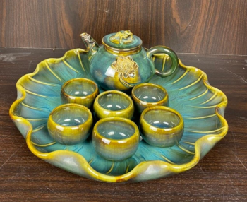 Bộ Ấm Chén Hình Chiếc Lá Ngọc Onyx Trắng Xanh
